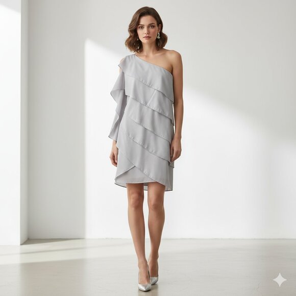 BCBG Women's Mini Dress Tiered Layered Ruffle One Shoulder Tie Sleeve Pale blue - Picture 4 of 16